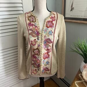 SIGRID OLSEN Sweater Womens Small Beige Embroidered Cardigan Boho Peasant Fall
